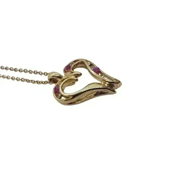 Ruby Large Heart Pendant Necklace 14K Gold EP & Chain cz accents - Picture 9 of 13
